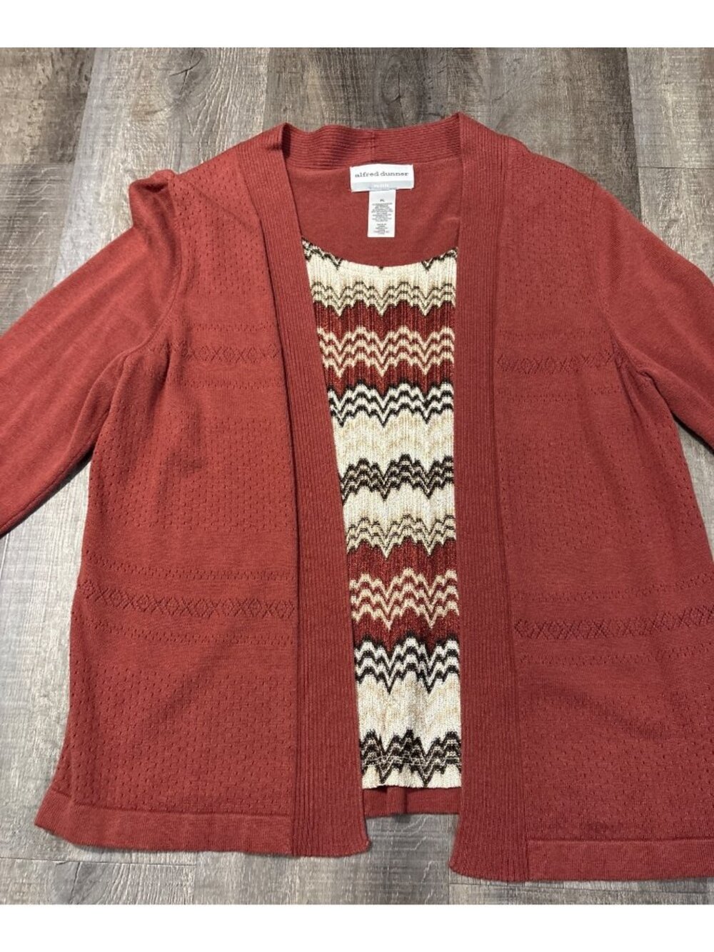 Alfred Dunner Chevron Layered Top Womens Petite Cardigan Rust Gold Tan Patterned - Picture 7 of 16